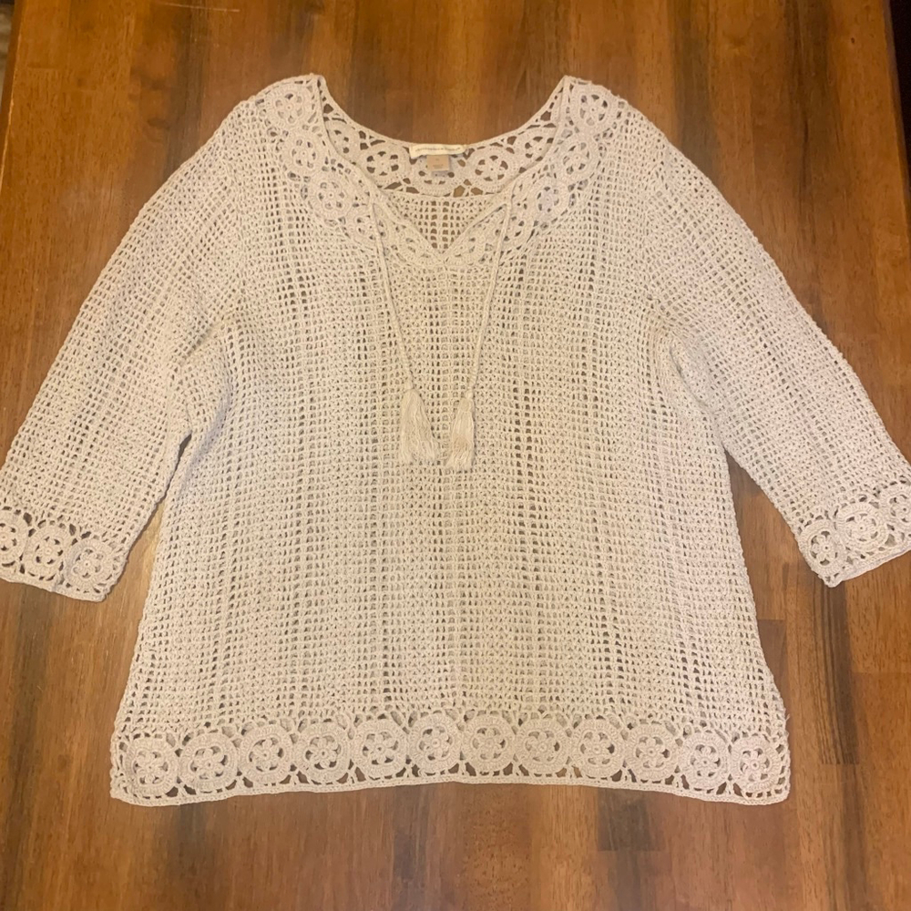 Christopher and Banks Crocheted Top XL Cream 3/4 Sleeves Boho Style